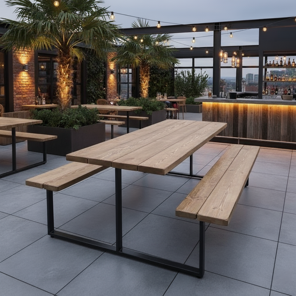 Slated Commercial Commercial Outdoor Slatted Picnic Table with Fixed Benches | Bespoke ...